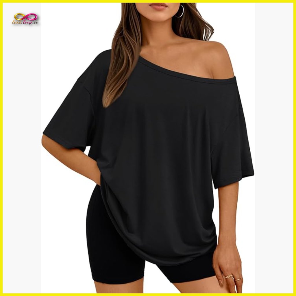 Off Shoulder Oversized Tee Chic Casual Summer Top Loose Fit Basic Fashion